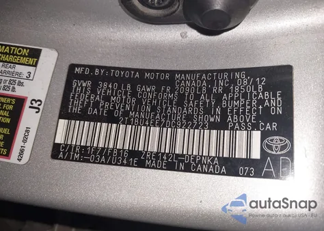 2013 Toyota Corolla Le из США, поврежденный, VIN 2T1BU4EE7DC922723